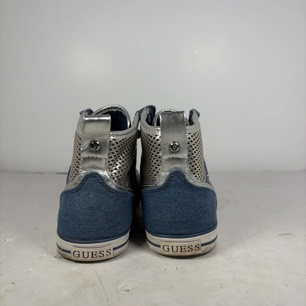 Size 9 M GUESS Krysta High Top Blue Denim‎ Silver Metallic Sneakers Y2K